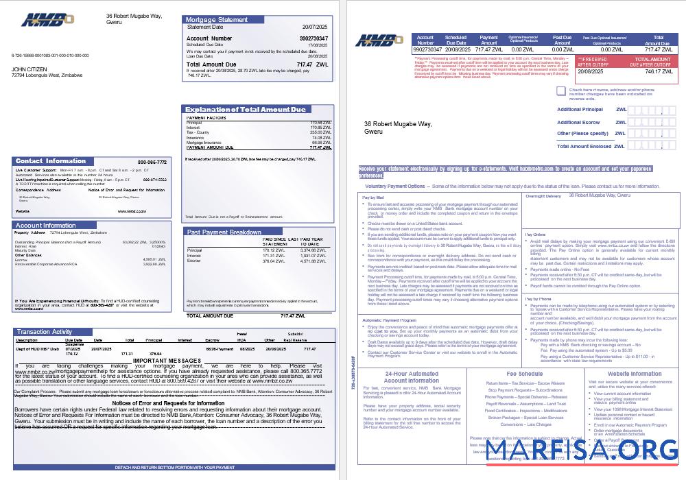 Realistic Zimbabwe NMB Bank mortgage statement in Word and PDF formats, 3 pages 1 2 example